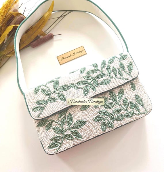 Sage Green Beaded Bag | White Floral Bridal Wedding Purse