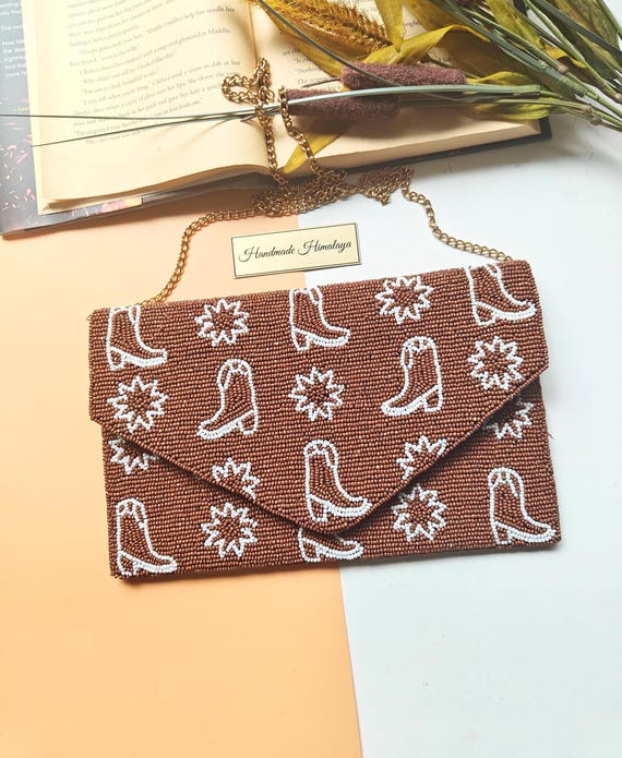 Cowboy Boot Clutch, Brown Beaded Purse, Crossbody Bag, Envelope Purse, Summer Western Style Bag, Evening Clutch, Gift for Her, Texan Purse