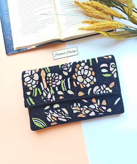 Black Beaded Clutch | Floral Crossbody Bag, Summer Handbag, Gift for Her, Wedding Bridal Flower Purse, Seed Bead Flap Design