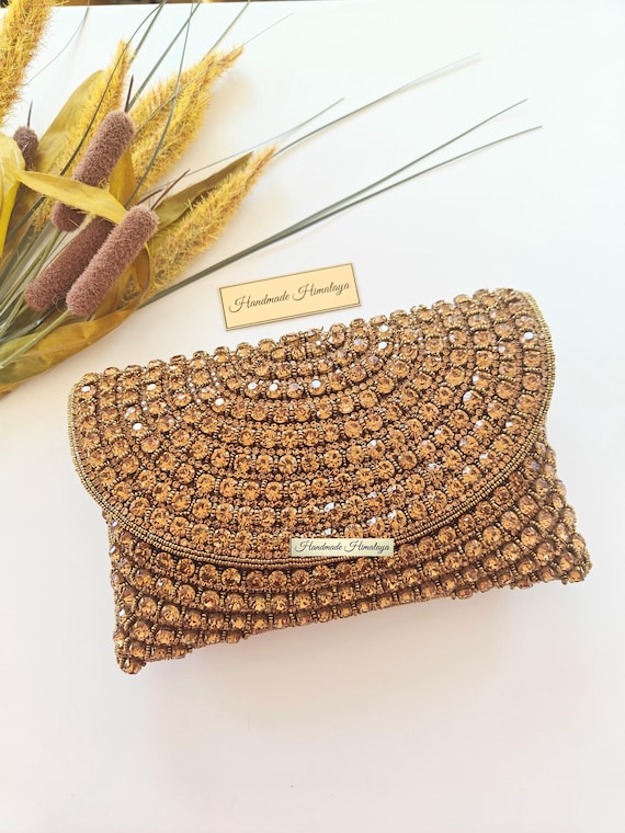 Antique Gold Crystal Purse Beaded Bronze Evening Clutch with Strap Crossbody