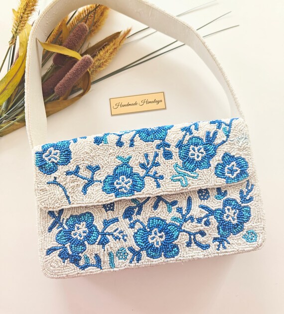Blue Floral Beaded Bag, White Bead Flower Purse, Wedding Bridal Handbag