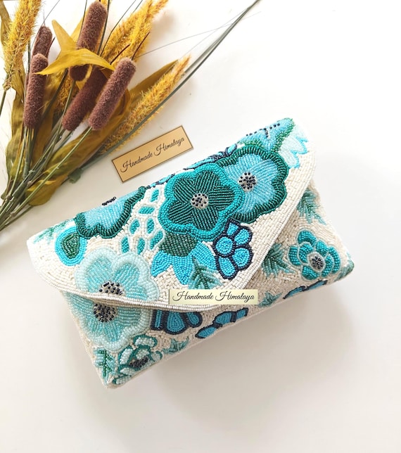 Floral Beaded Clutch | Aqua Green Teal Wedding Purse