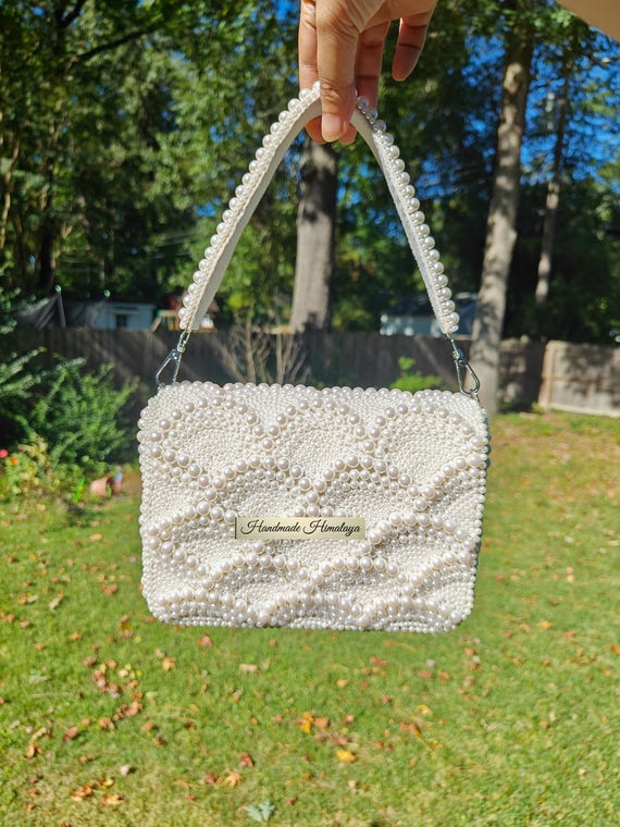 Bridal Clutch Pearl Beaded Wedding Purse White Bridal Bag Evening Handbag Scalloped Crossbody