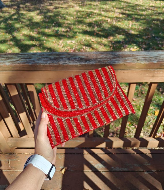 Red Gold Beaded Clutch Purse, Striped Evening Bag, Party Envelope Handbag