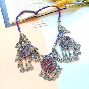 Vintage Kashmiri Necklace, Three Pendant Choker, Antique Jewelry, Kuchi Necklace, Afghan Jewelry, Tribal Ethnic Necklace, Silver Necklace