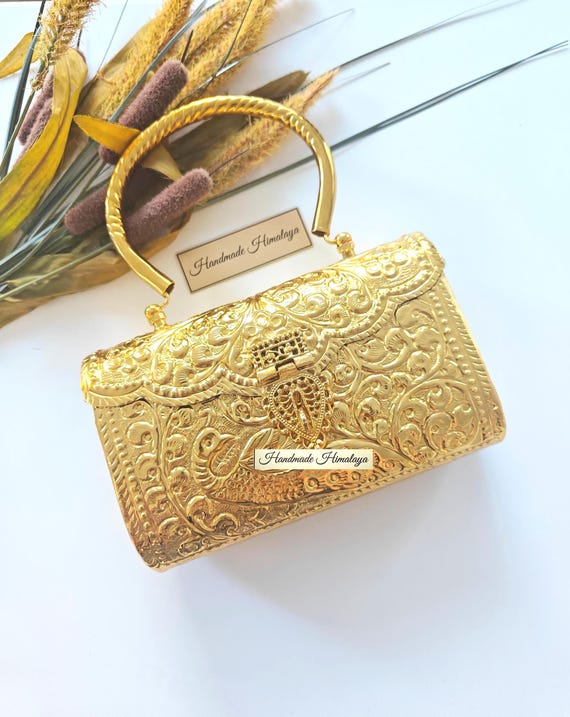 Engraved Gold Clutch Bag |  Floral Embossed Brass Box Purse |  Bridal Party Metal Handbag
