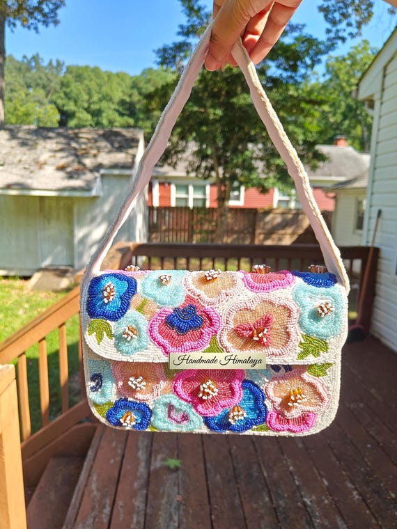 Floral Beaded Bag | 3D Colorful Beaded Wedding Bridal Handbag Shoulder Purse