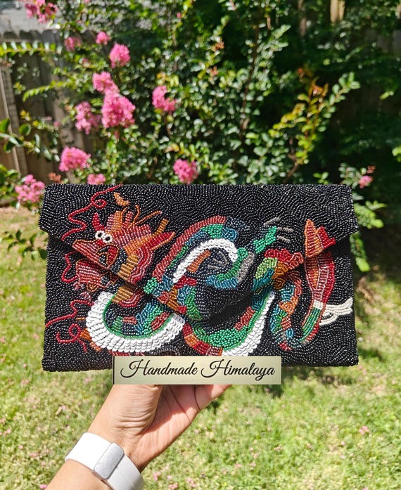 Double Side Beaded Bag, Black Beaded Clutch, Dragon Purse Beaded Clutch, Statement Clutch, Party Evening Bag, Seed Bead Purse