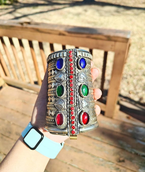 Vintage Afghan Kuchi Tribal Cuff Silver Bracelet Multicolor Glass Antique Boho Ethnic Jewelry