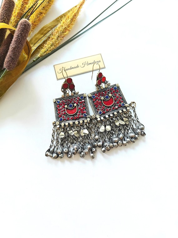 Vintage Afghan Kuchi Earrings Silver Red Stone Tribal Dangle Gypsy Belly Dancer Jewelry