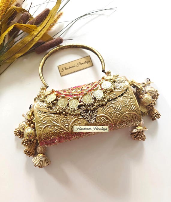 Vintage Gold Brass Clutch: Floral Engraved Banjara Wedding Metal Purse