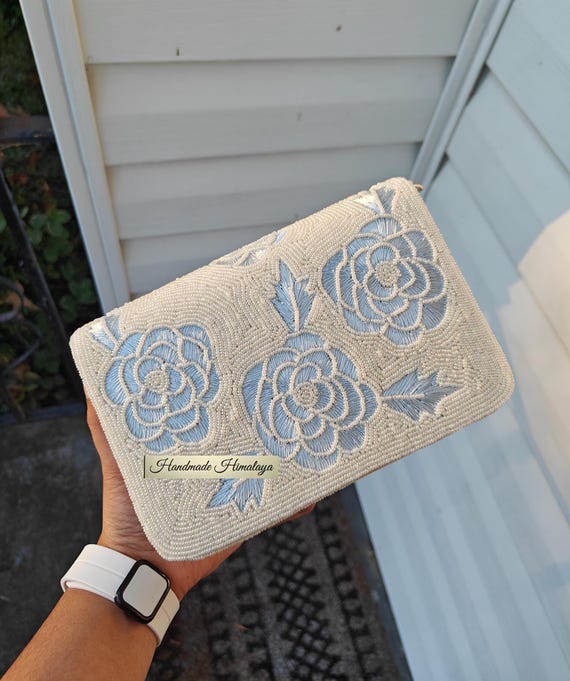 Dusty Blue Ivory Beaded Bag, Wedding Shoulder Bags, Bride Clutch Bridesmaid Purse
