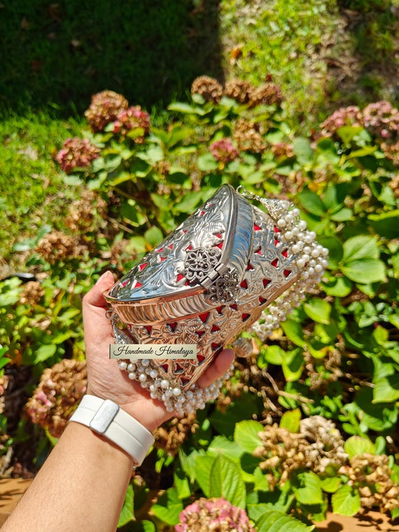 Embossed Brass Clutch: Silver Metal Indian Purse, Turquoise Wedding Bag