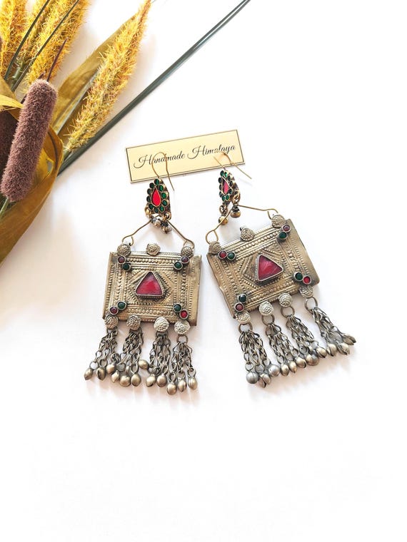 Vintage Afghan Kuchi Earrings, Tribal Boho Statement Jewelry