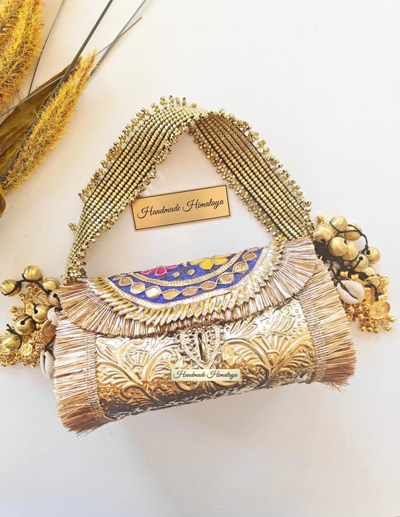 Vintage Floral Gold Brass Purse | Indian Wedding Crossbody Bag | Kuchi Banjara Style Metal Clutch