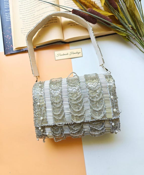 Silver Beaded Bag, Silver Clutch, Bridal Purse, Wedding Clutch, Evening Bag, Formal Party Purse, Shoulder Purse, Gift for Her, Summer Bag