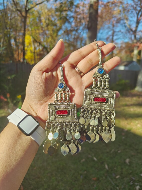 Vintage Afghan Earrings Long Oversized Silver Red Metal Tribal Kuchi Bell Dangle Jewelry