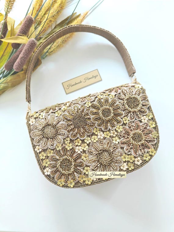 Gold Floral Beaded Clutch | Sunflower Embroidered Wedding Bag | Cocktail Party Crossbody Purse