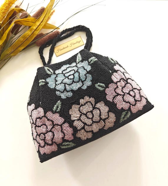 Black Floral Beaded Bag | Pastel Blooms Evening Purse