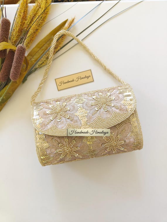 Gold Bridal Clutch, Champagne Floral Wedding Purse Evening Bag