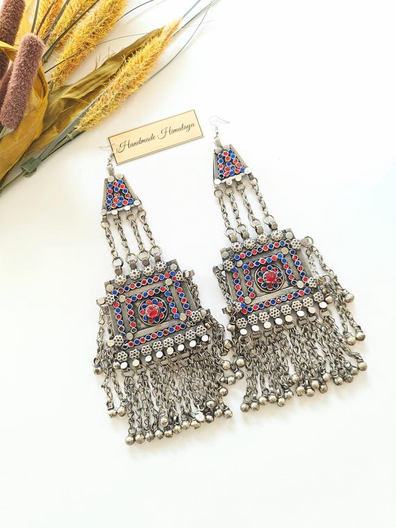 Kuchi Silver Tassel Earrings | Afghan Ghungroo Jhumka Hair Clips |  Ethnic Tribal Fusion Wedding Accessory