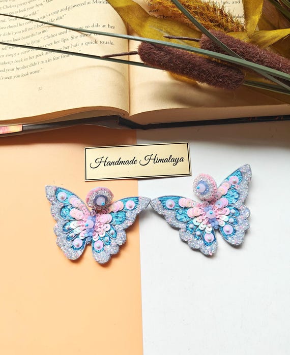Butterfly Earrings, Sequin Earrings, Whimsical Dangle Earrings, Pink Blue Beaded Earrings, Gift For Her, Festival Jewelry, Summer Earrings