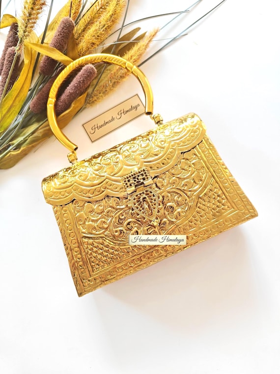 Engraved Gold Clutch Bag |  Floral Embossed Brass Box Purse |  Wedding Bridal Party Metal Handbag