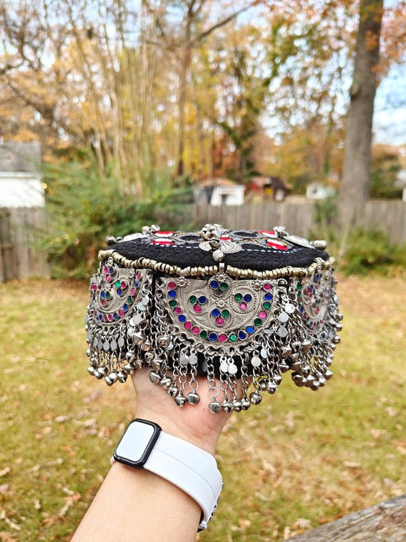 Embroidered Afghan Halima Sultan Cap: Black Tribal Belly Dance Headpiece Embellished