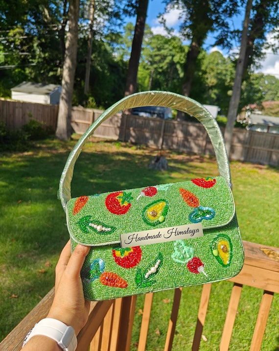 Green Beaded Bag, Seed Bead Shoulder Bag, Avocado Tomato Radish Embroidery, Whimsical Summer Fruit Bag, Beaded Vegetable Purse