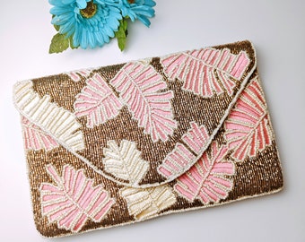 Palm Leaf Beaded Clutch, Beaded Clutch Purse, Brown Pink Beaded Purse, Party Purse, Seed Bead Purse, Evening Purse, Gift for Her