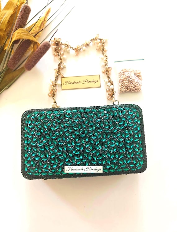 Emerald Green Crystal Clutch | Pearl Bridal Wedding Evening Purse