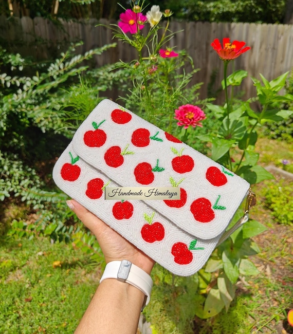 Red Apples Beaded Bag, Crossbody Beaded White Shoulder Bag