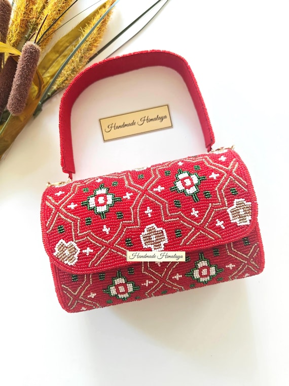 Red Patola Beaded Clutch Indian Wedding Guest Bag Floral Purse Summer Evening Bag