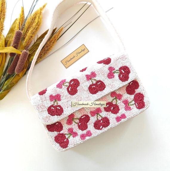 Handmade Cherry Beaded Bag | Blush Pink Gingham Checkered Purse | Summer Wedding Vacation Fruit Clutch