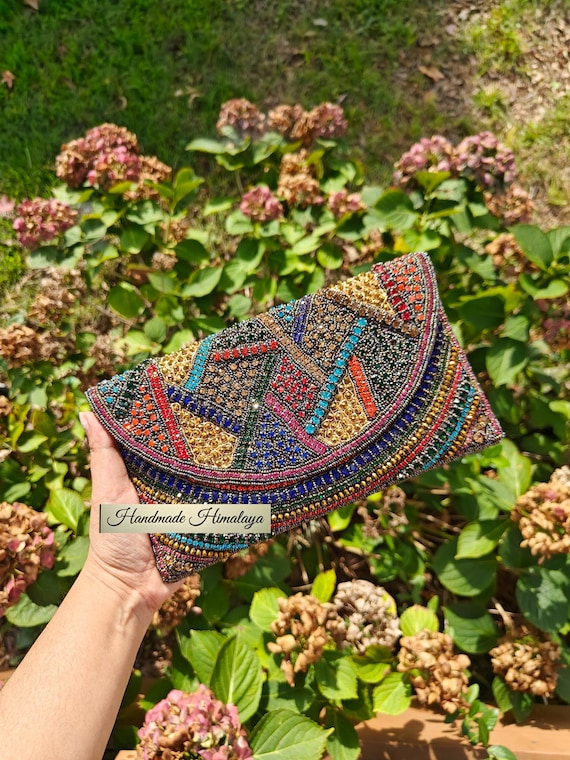 Colorful Beaded Clutch, Geometric Crystal Envelope Purse, Black Evening Crossbody, Handmade Party Shoulder Bag