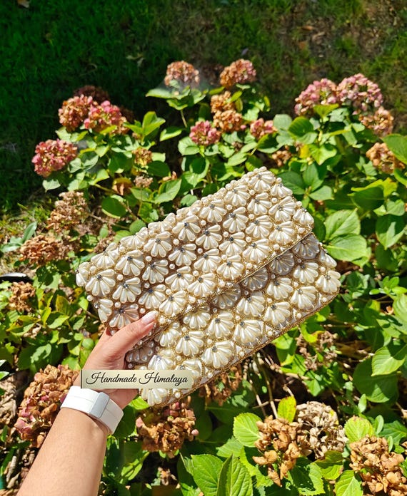 Ivory Pearl Gold Beaded Clutch Purse Scalloped Design and Crossbody Strap Bridal Clutch