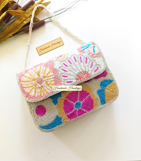 Pastel Floral Silver Beaded Clutch | Bridal Wedding Evening Purse
