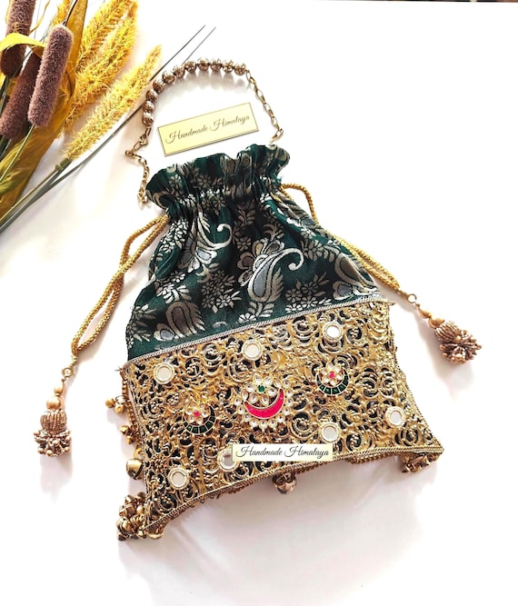 Gold Brass Potli Bag | Kundan Embellished Indian Bridal Wedding Purse
