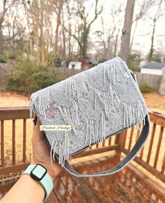 Gray Silver Beaded Fringe Bag | Sequin Evening Clutch Purse | Wedding Guest Handbag | Glam Party Shoulder Bag