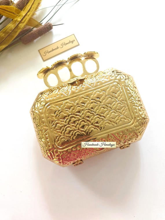 Gold Brass Knuckle Clutch Purse | Indian Bridal Wedding Metal Evening Bag