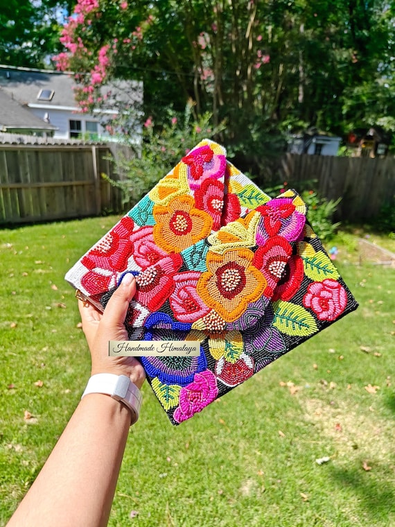 Floral Beaded Clutch Purse | Colorful Flowers Embroidered Black Wedding Evening Bag