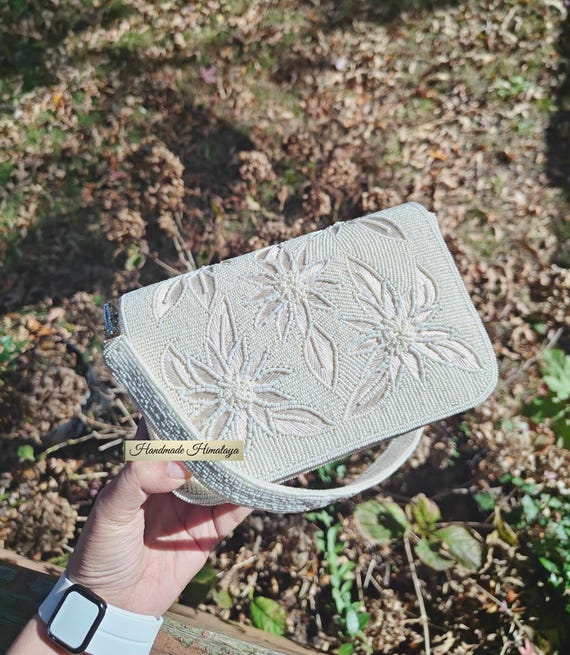White Beaded Bag: Ivory Floral Suede Beaded Handbag Clutch Wedding Bridal Purse Shoulder Bag