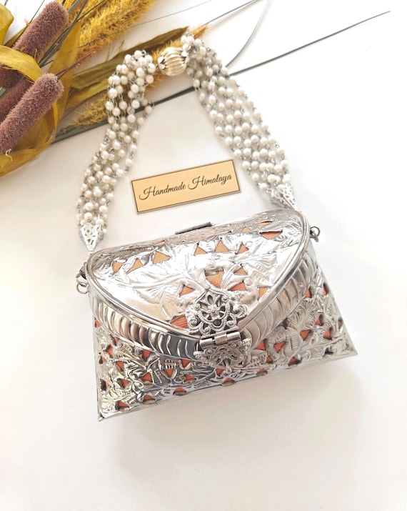 Embossed Brass Clutch | Mini Silver Metal Indian Purse | Silver Wedding Bag