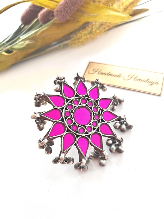 Pink Afghan Mirror Ring | Tribal Ethnic Jewelry | Indian Glass Big Brass Ring