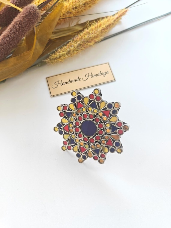 Afghan Mirror Ring | Tribal Brass Statement Jewelry |  Adjustable Mosaic Finger Band For Festivals