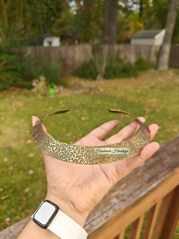 Gold Brass Choker: Engraved Floral African Collar Open End Torc Hasli Necklace