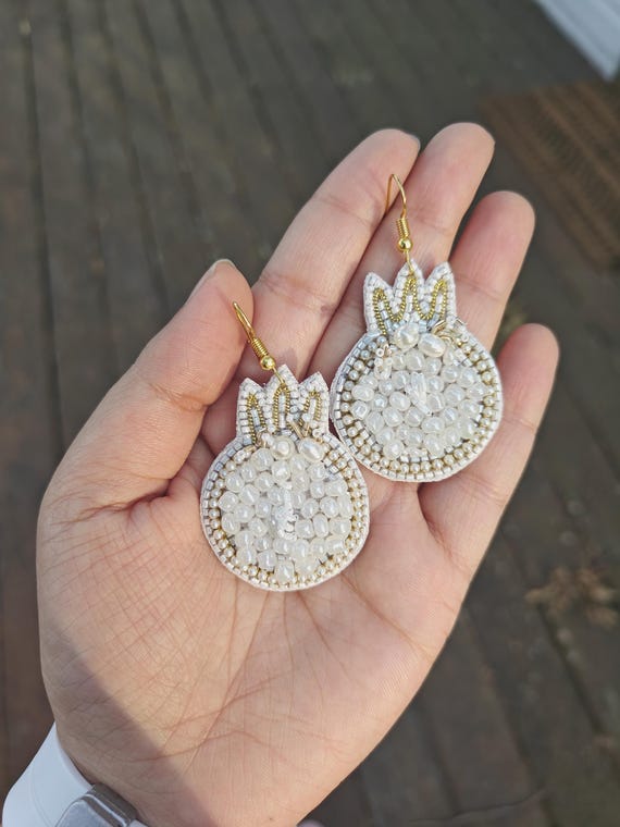 White Pomegranate Earrings, Beaded Earrings, Fruit Earrings, Summer Jewelry, Wedding Earrings, Bride Earrings, Gift for Her, Cute Earrings