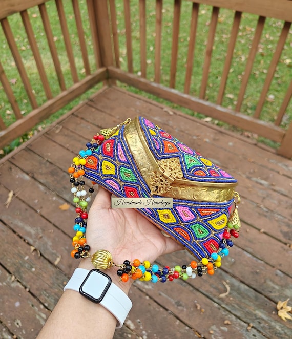 Beaded Brass Clutch, Gold Metal Clutch, Indian Wedding Purse, Colorful Mosaic Bag