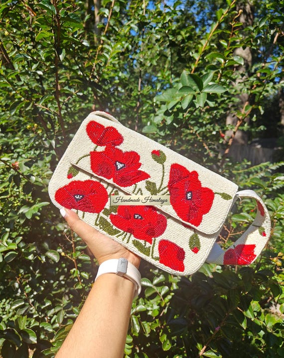 Red Poppy Beaded Bag, White Ivory Seed Bead Floral Shoulder Purse Summer Spring Handbag