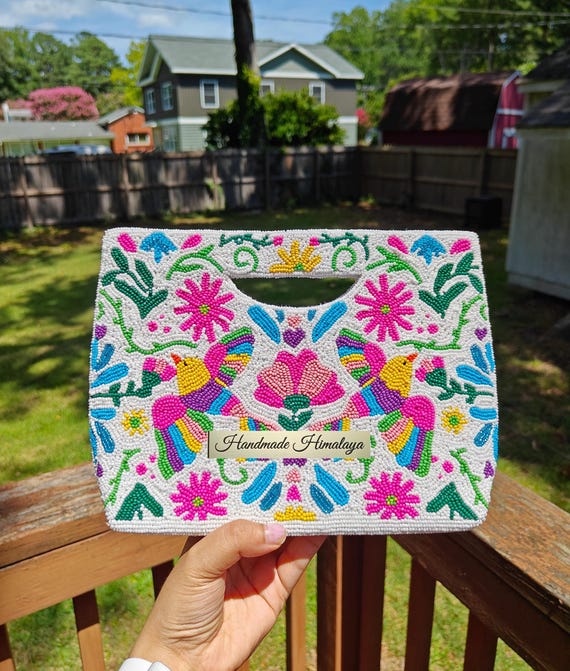 Otomi Bird Beaded Clutch, Beaded Purse, Crossbody Bag, Party Evening Bag, Summer Purse, Gift for Her, Vibrant Colorful Mexican Bag